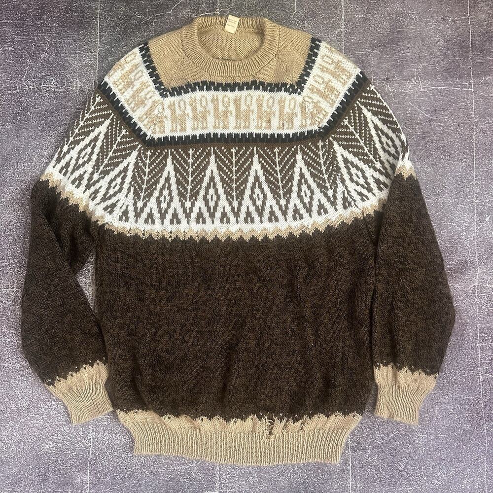 Men's Vintage Everything Alpaca Wool Blend Brown Tan Knit Crewneck Sweater Sz XL